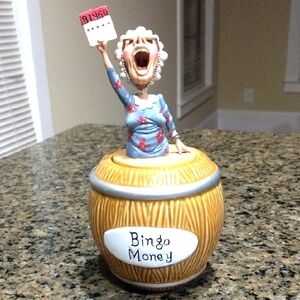 Vintage Maxine Bingo Money Ceramic Jar with Blue and Brown Accents